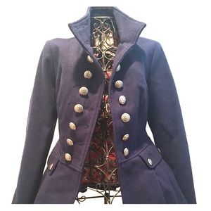 FREE PEOPLE Navy Blue wool military coat paisley Collar with shoulder and button